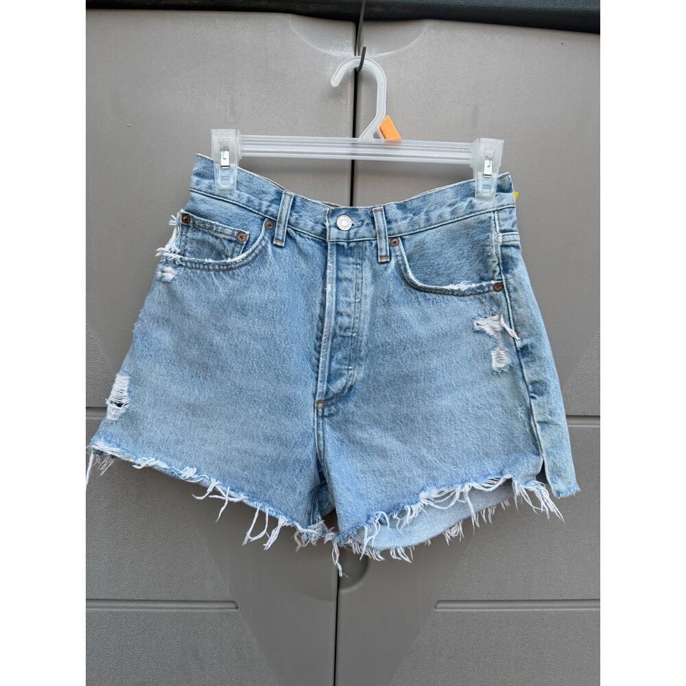 AGOLDE Dee Denim Shorts 27 Chime Blue Light Wash High Rise Distressed Raw Hem - Picture 2 of 13